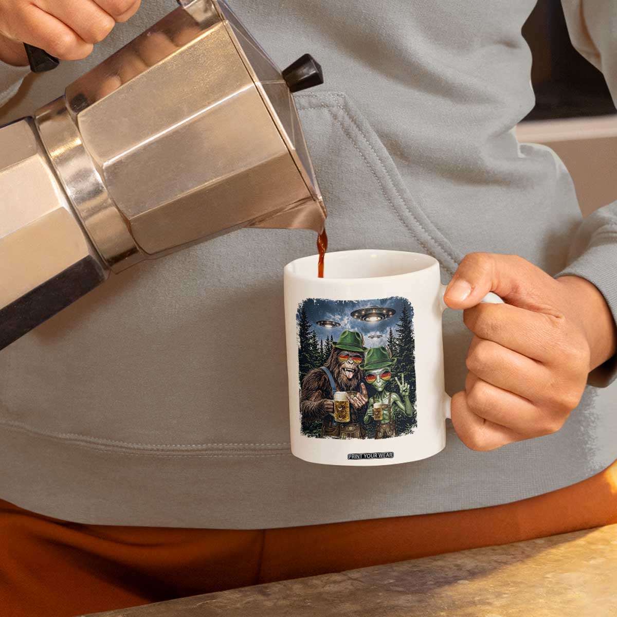 Funny Bigfoot Alien Oktoberfest Coffee Mug Selfie Beer Party German Lederhosen UFO Gift TS12 Print Your Wear