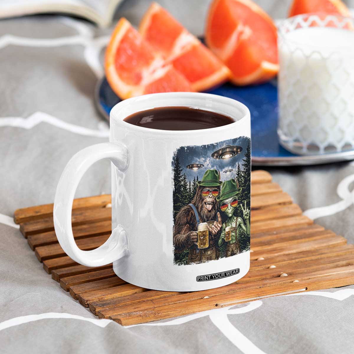 Funny Bigfoot Alien Oktoberfest Coffee Mug Selfie Beer Party German Lederhosen UFO Gift TS12 Print Your Wear
