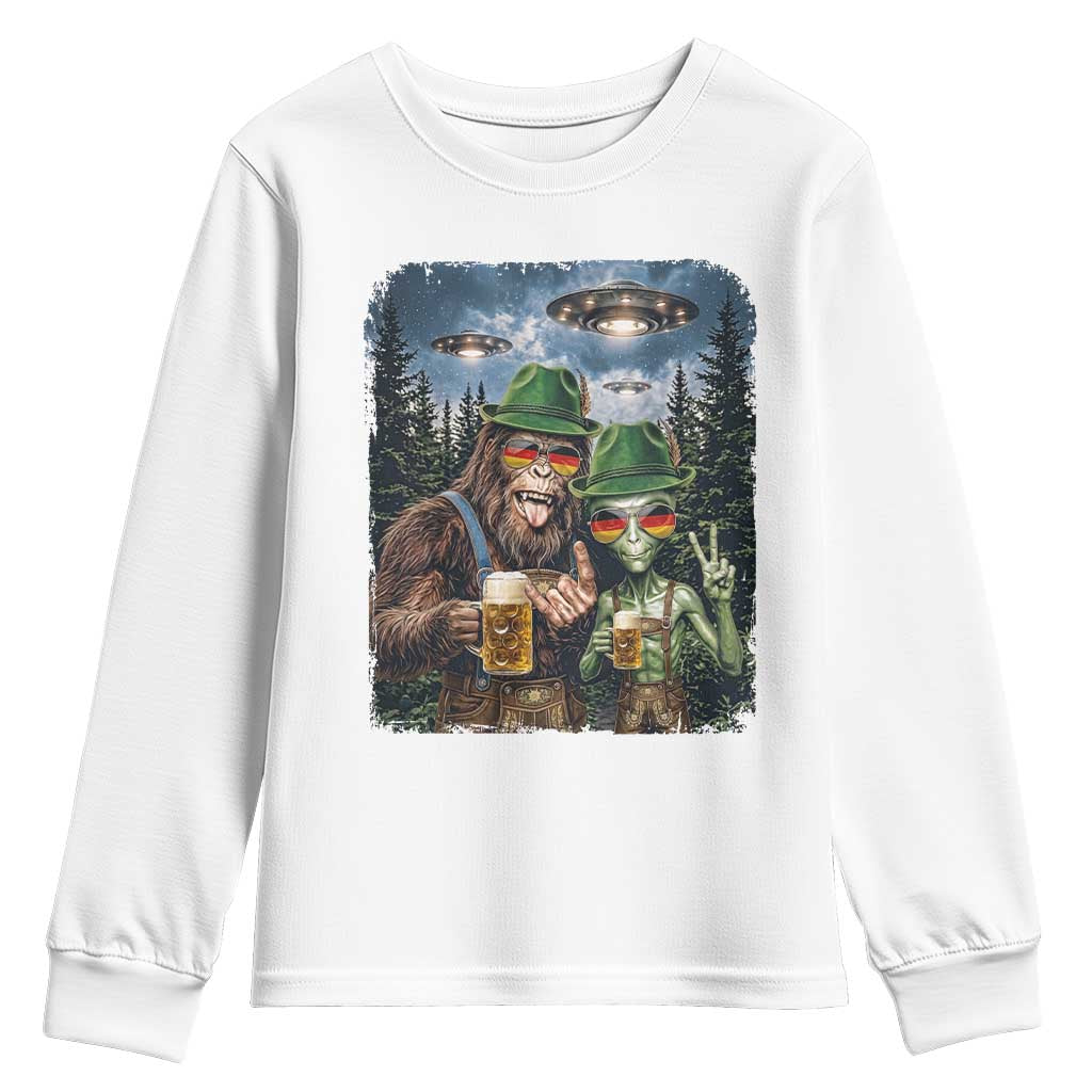 Funny Bigfoot Alien Oktoberfest Youth Sweatshirt Selfie Beer Party German Lederhosen UFO Gift TS12 White Print Your Wear