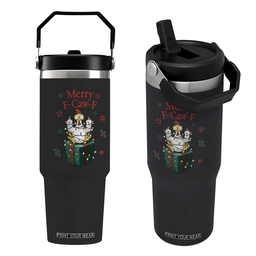 Merry F-Caw-F Chicken Flip Straw Tumbler Funny Christmas Gift - Print Your Wear