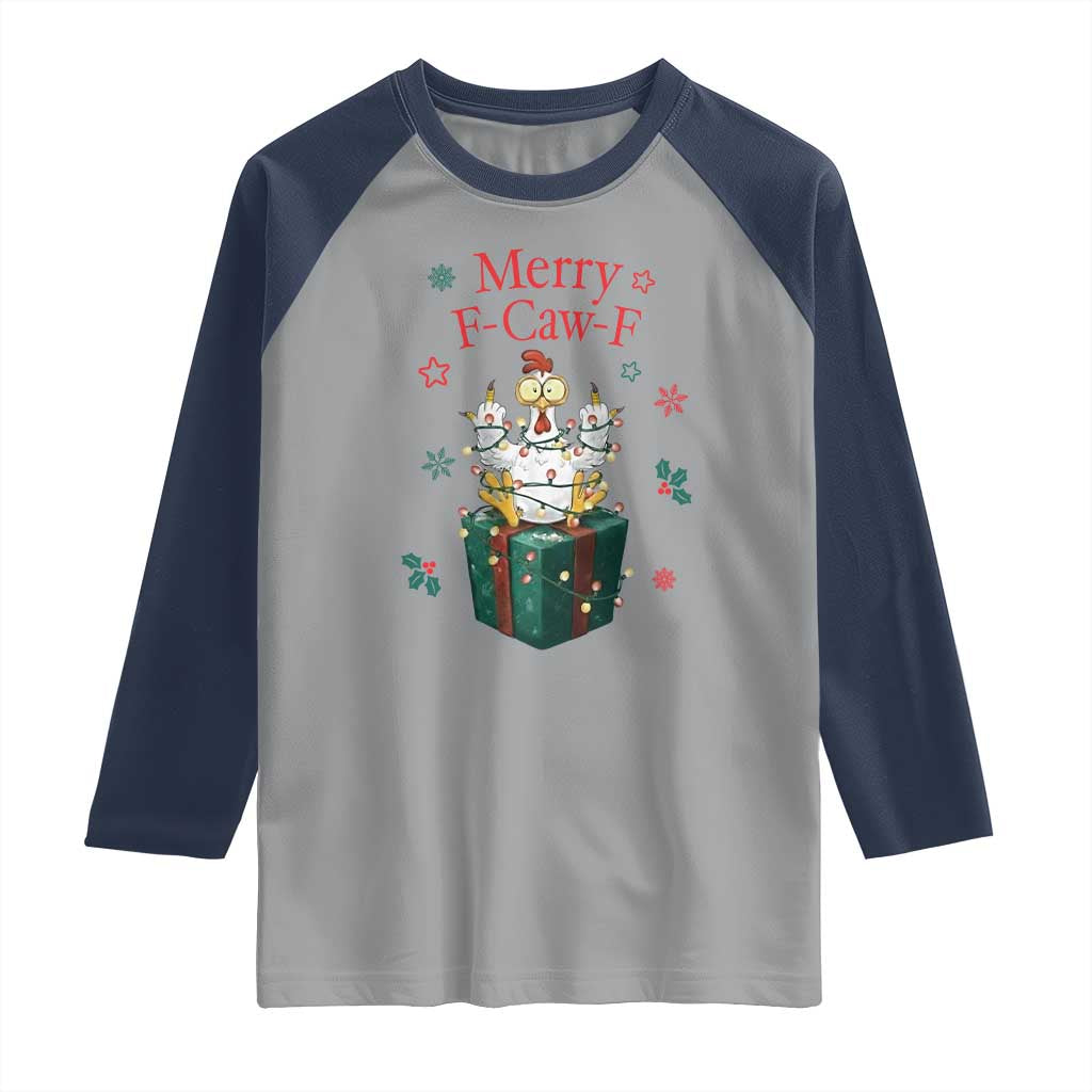Merry F-Caw-F Chicken Raglan Shirt Funny Christmas Gift TS12 Sport Gray Navy Print Your Wear