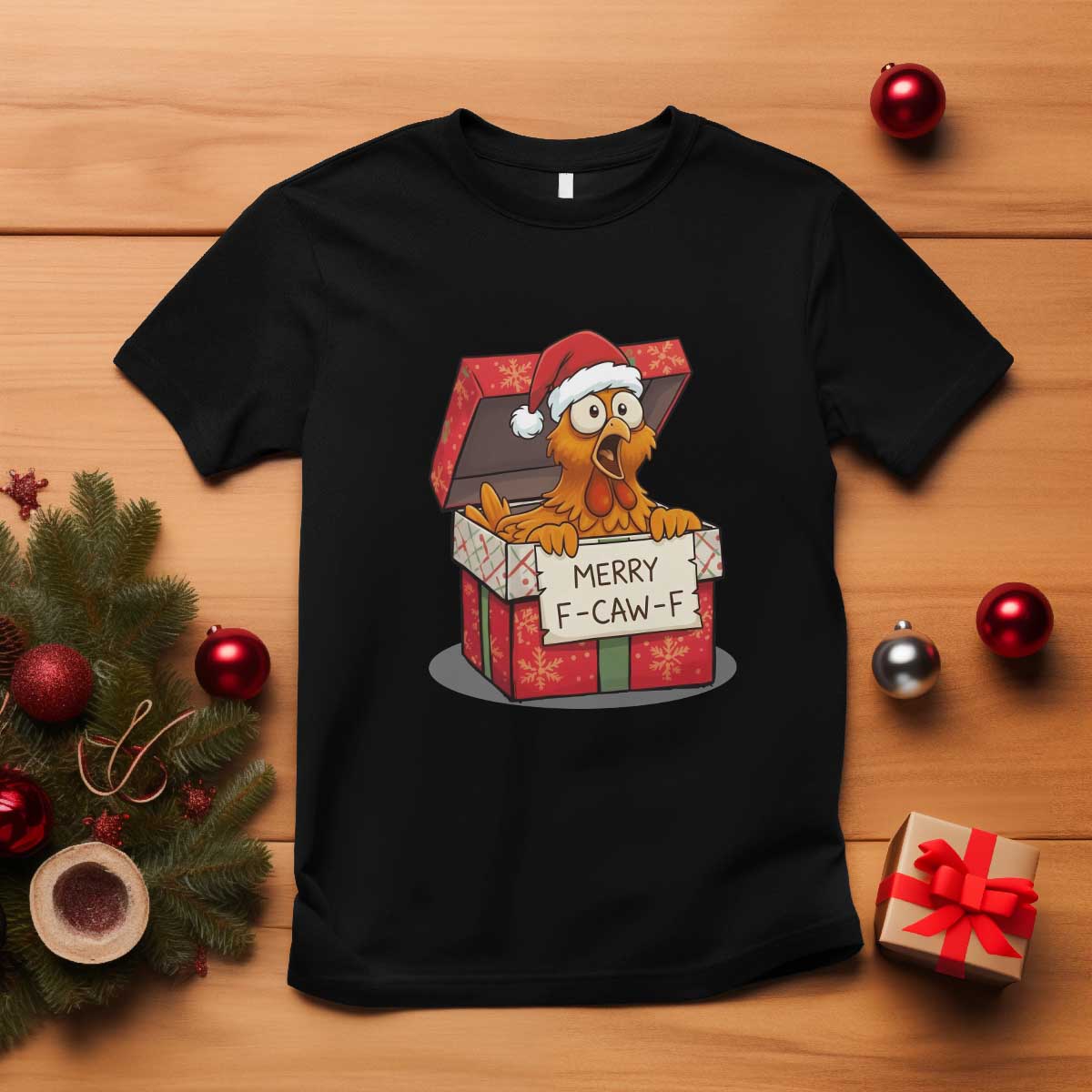 Merry F Caw F Santa Chicken T Shirt Funny Christmas Gift TS12 Black Print Your Wear
