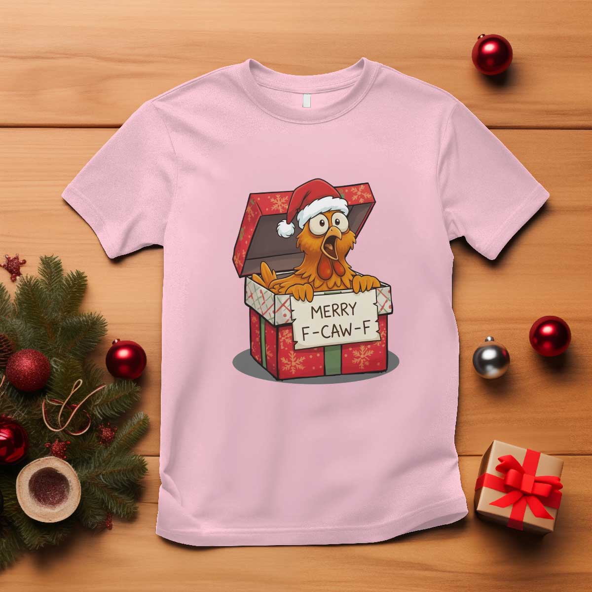 Merry F Caw F Santa Chicken T Shirt Funny Christmas Gift TS12 Light Pink Print Your Wear