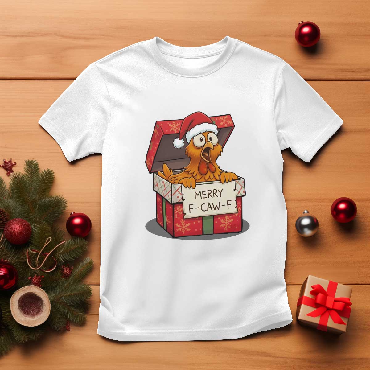 Merry F Caw F Santa Chicken T Shirt Funny Christmas Gift TS12 White Print Your Wear