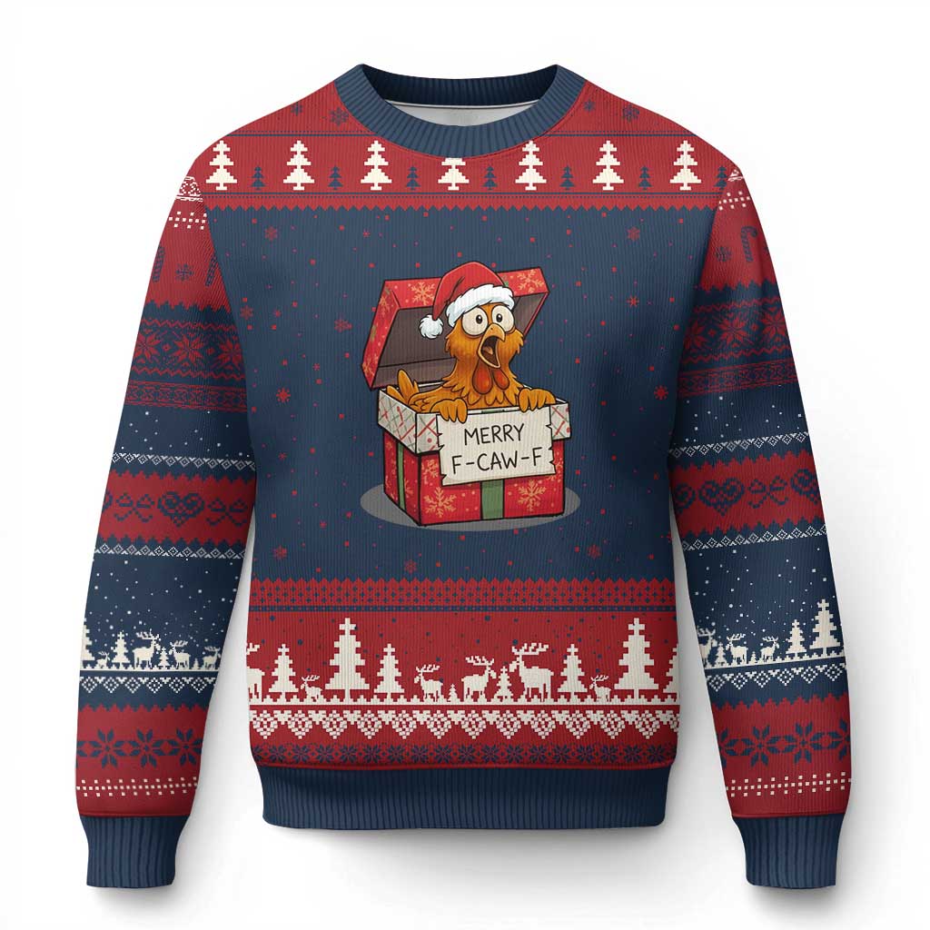 Merry F Caw F Santa Chicken Ugly Christmas Sweater Funny Xmas Gift TS12 Navy Red Print Your Wear