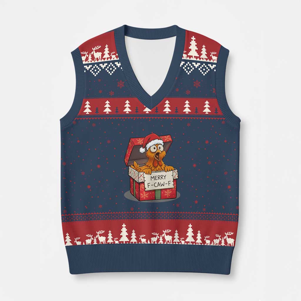 Merry F Caw F Santa Chicken V-Neck Knit Sweater Vest Funny Xmas Gift - Print Your Wear