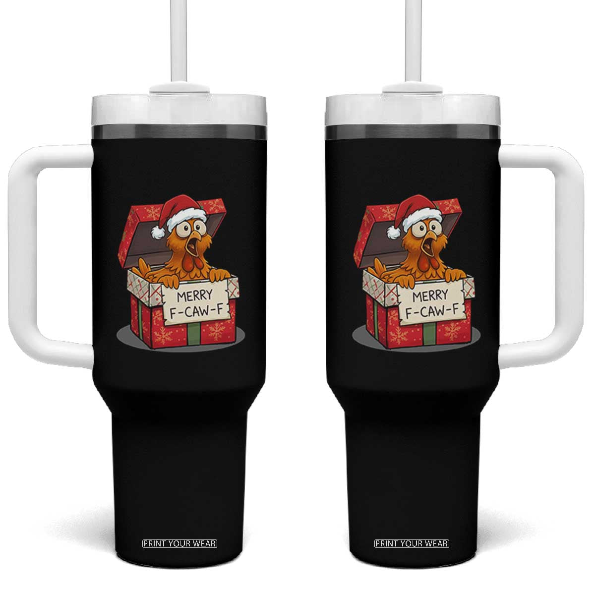 Merry F Caw F Santa Chicken Tumbler With Handle Funny Christmas Gift - Print Your Wear