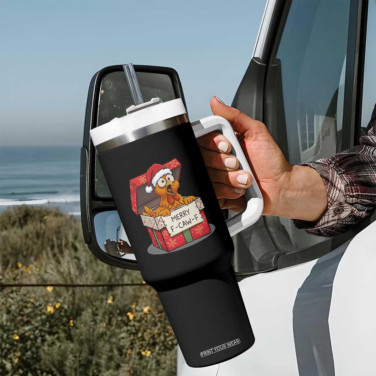 Merry F Caw F Santa Chicken Tumbler With Handle Funny Christmas Gift - Print Your Wear