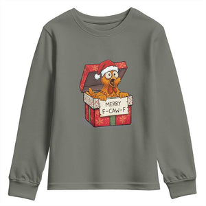 Merry F Caw F Santa Chicken Youth Sweatshirt Funny Christmas Gift TS12 Military Green Print Your Wear