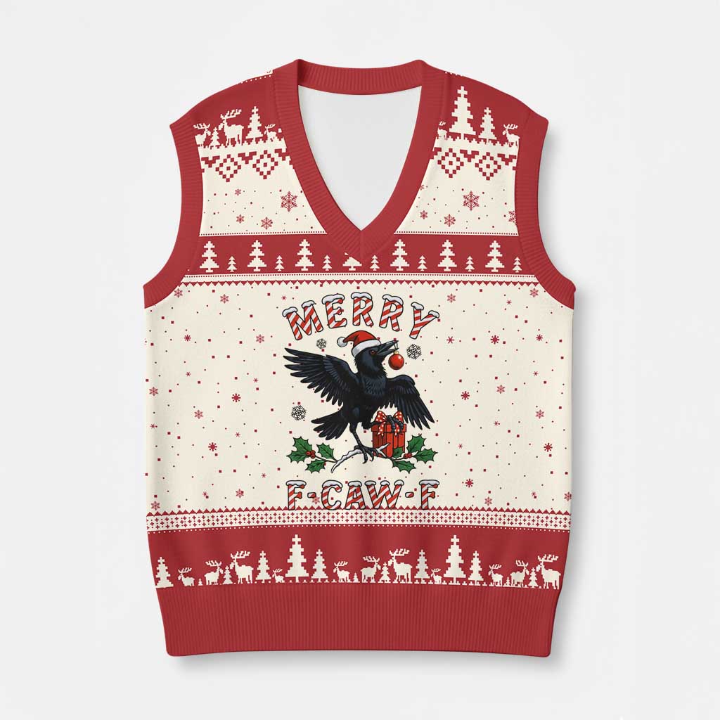 Merry F Caw F Raven Lover V-Neck Knit Sweater Vest Funny Holidays Gift - Print Your Wear