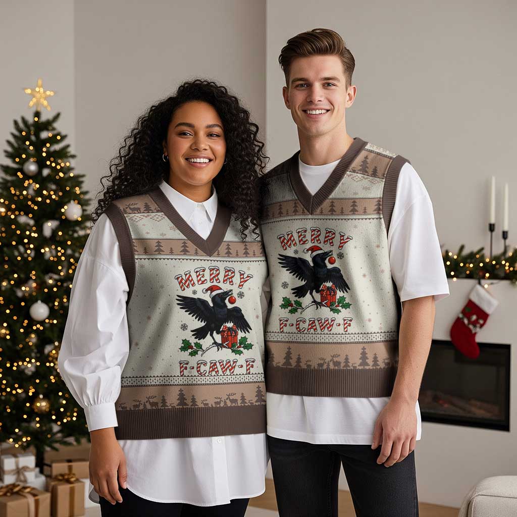 Merry F Caw F Raven Lover V-Neck Knit Sweater Vest Funny Holidays Gift TS12 Mocha Mousse Print Your Wear