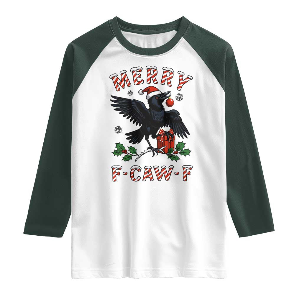 Merry F Caw F Raven Lover Raglan Shirt Funny Holidays Gift TS12 White Dark Forest Green Print Your Wear