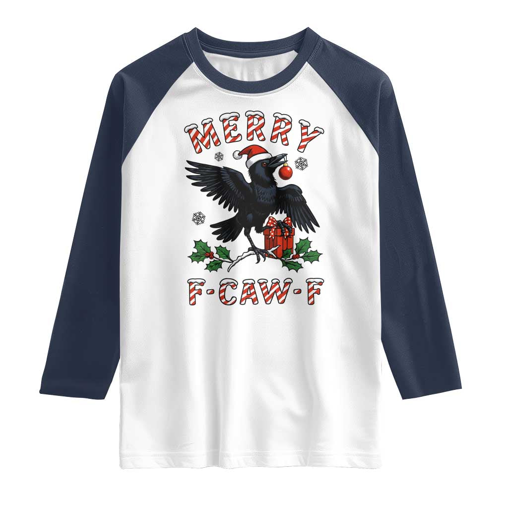 Merry F Caw F Raven Lover Raglan Shirt Funny Holidays Gift TS12 White Navy Print Your Wear