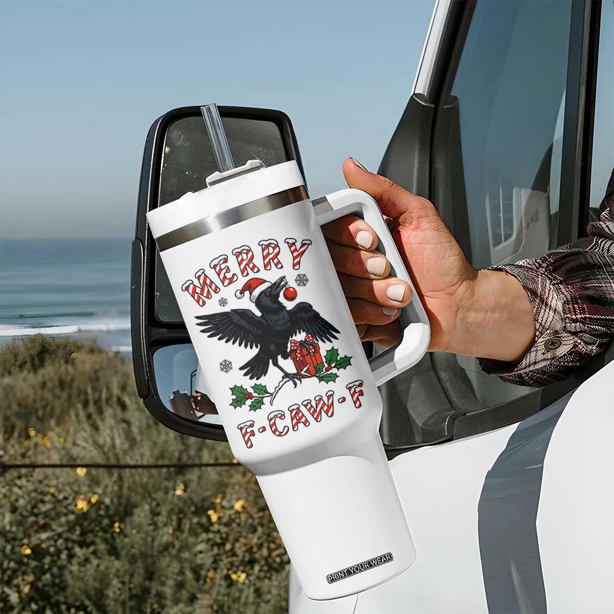 Merry F Caw F Raven Lover Tumbler With Handle Funny Holidays Gift TS12 Print Your Wear