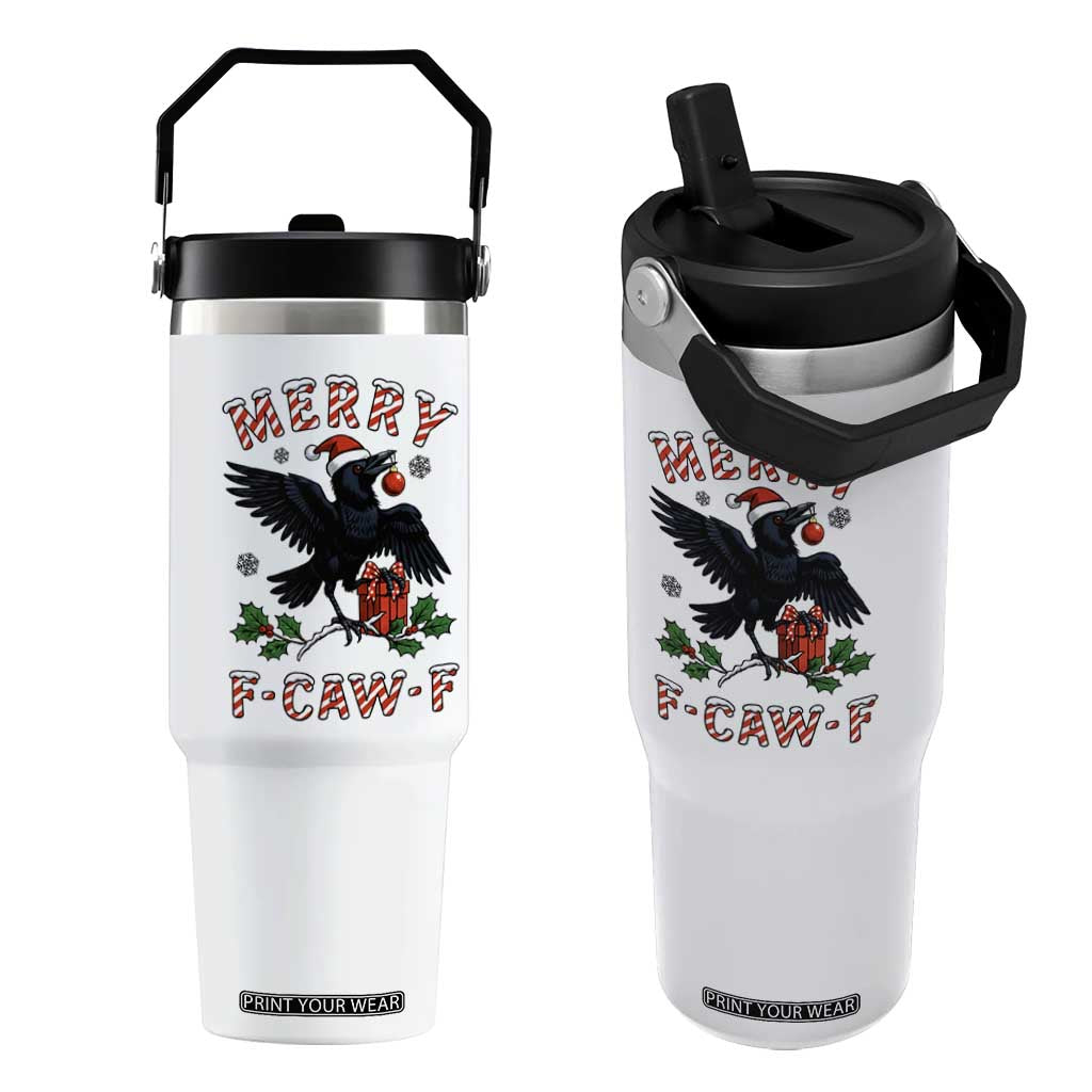 Merry F Caw F Raven Lover Flip Straw Tumbler Funny Holidays Gift - Print Your Wear