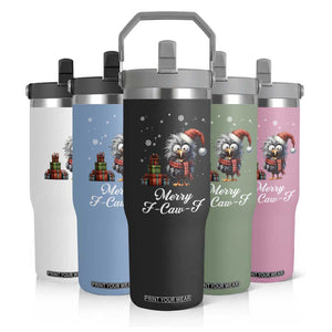 Merry F Caw F Raven Lover Flip Straw Tumbler Funny Christmas Gift - Print Your Wear