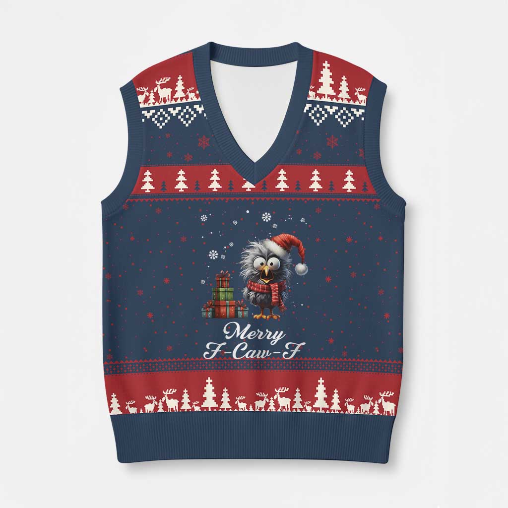Merry F Caw F Raven Lover V-Neck Knit Sweater Vest Funny Xmas Gift - Print Your Wear