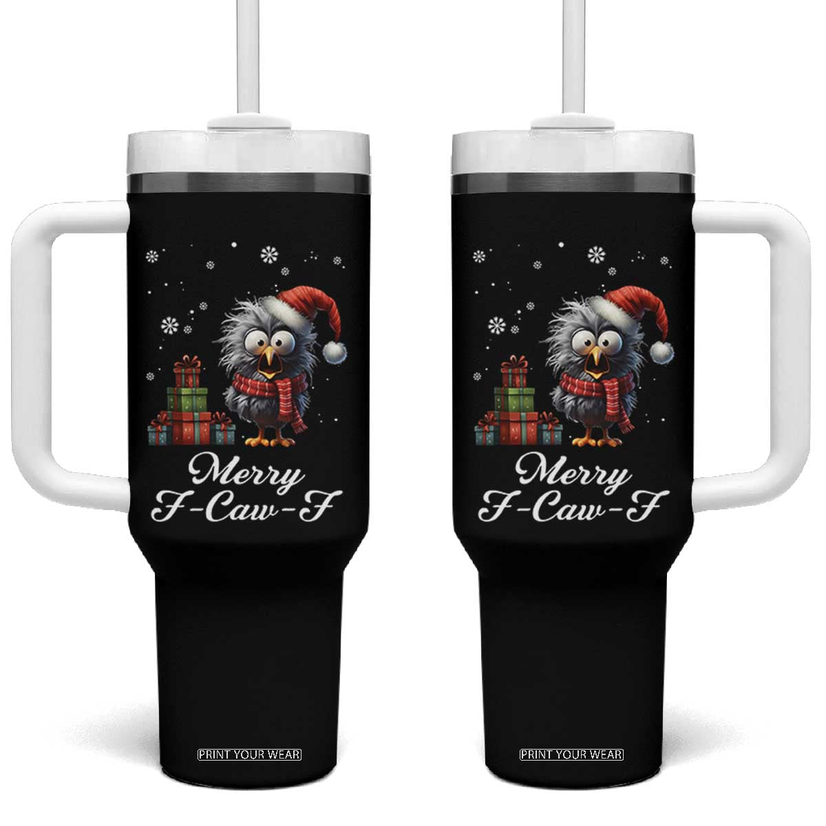 Merry F Caw F Raven Lover Tumbler With Handle Funny Christmas Gift - Print Your Wear