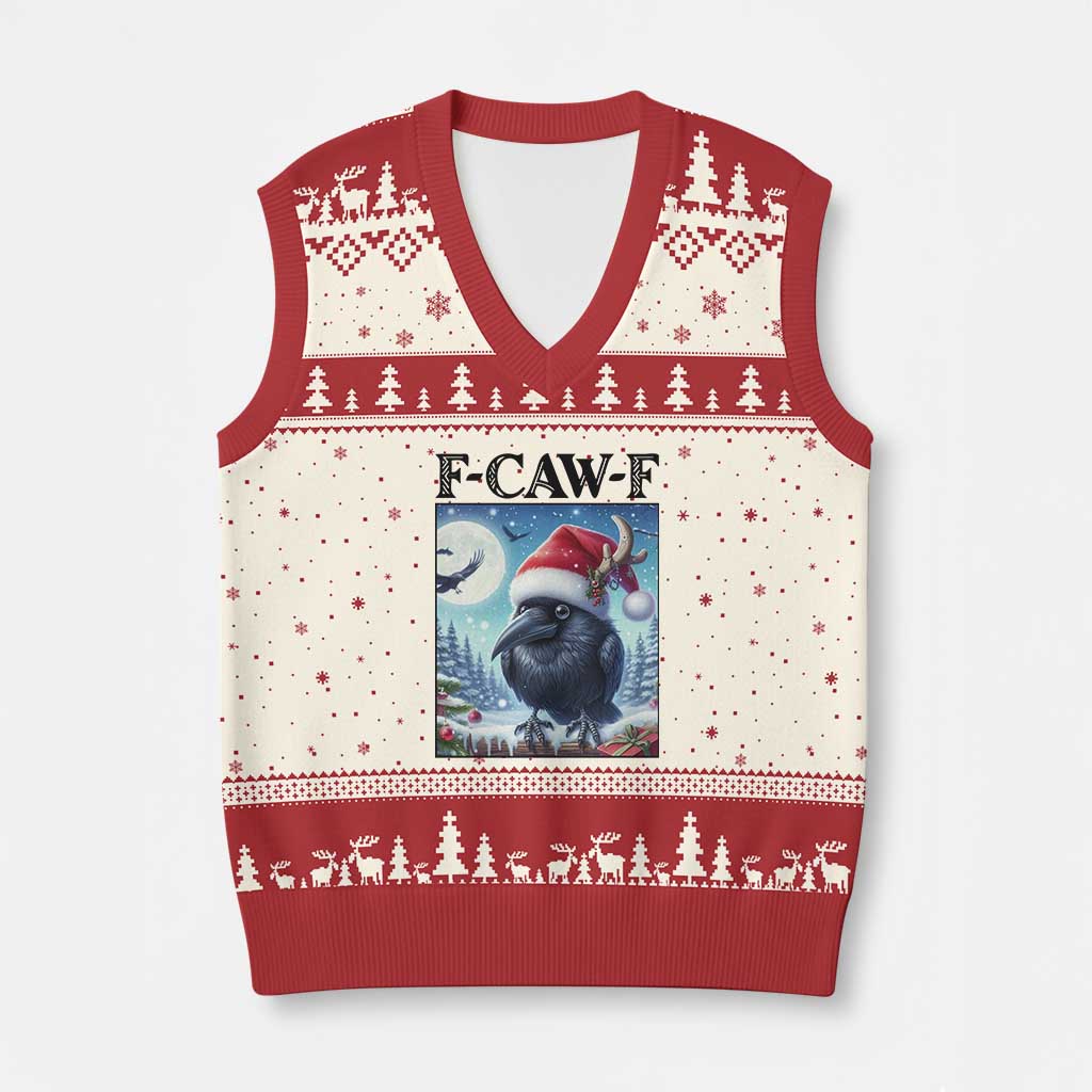 F Caw F Xmas Raven V-Neck Knit Sweater Vest Funny Bird Lover Gift - Print Your Wear