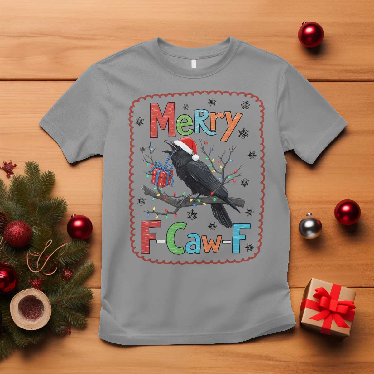 Funny Christmas Santa Raven T Shirt Merry F Caw F Joke Gift TS12 Sport Gray Print Your Wear