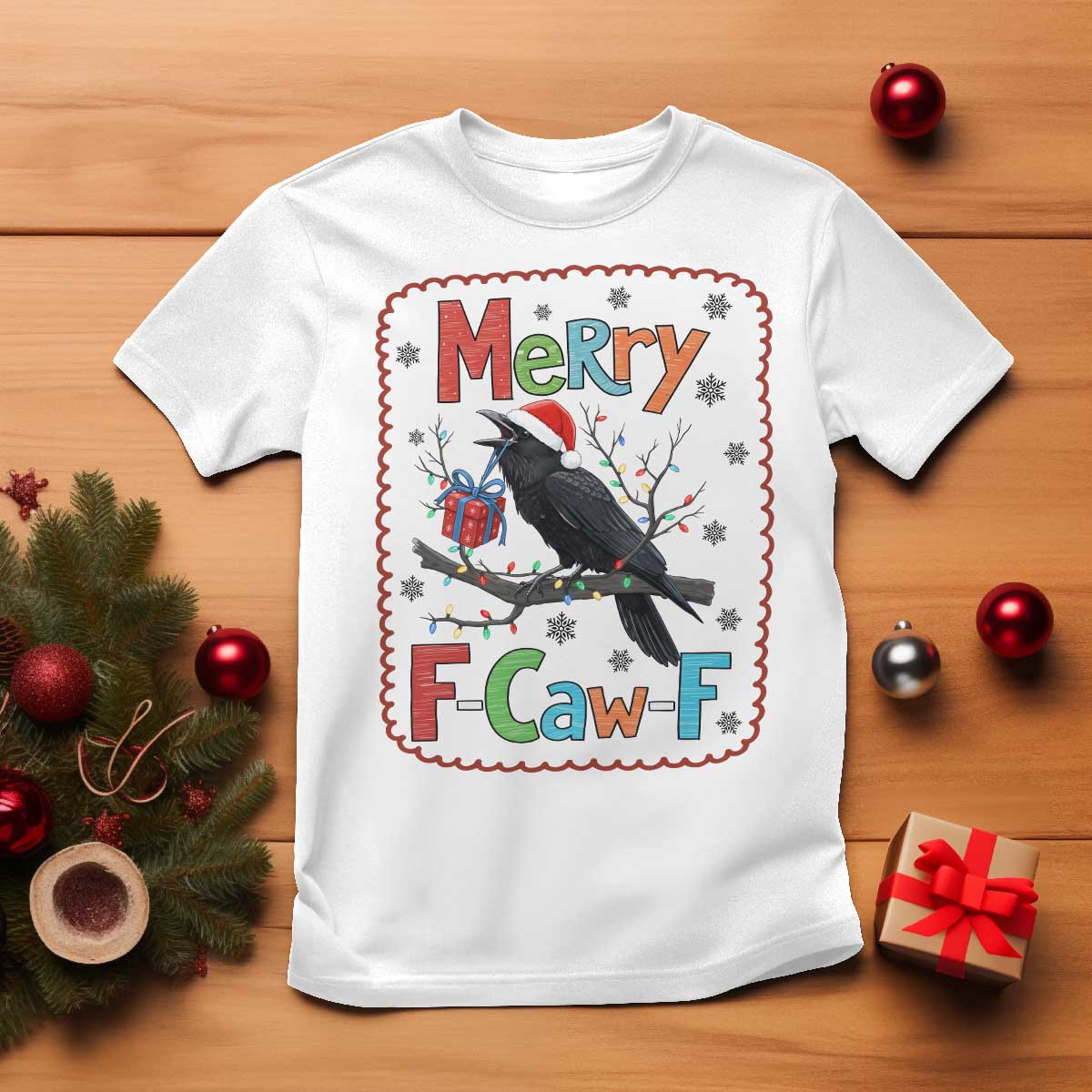 Funny Christmas Santa Raven T Shirt Merry F Caw F Joke Gift - Print Your Wear