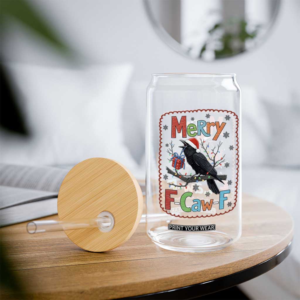 Funny Christmas Santa Raven Glass Can Merry F Caw F Joke Gift - Print Your Wear