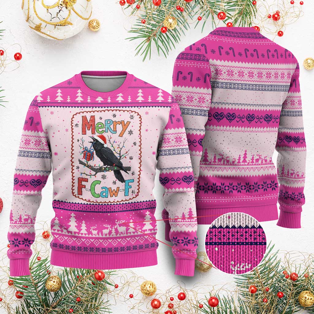 Funny Xmas Santa Raven Ugly Christmas Sweater Merry F Caw F Joke Gift TS12 Hot Pink Print Your Wear