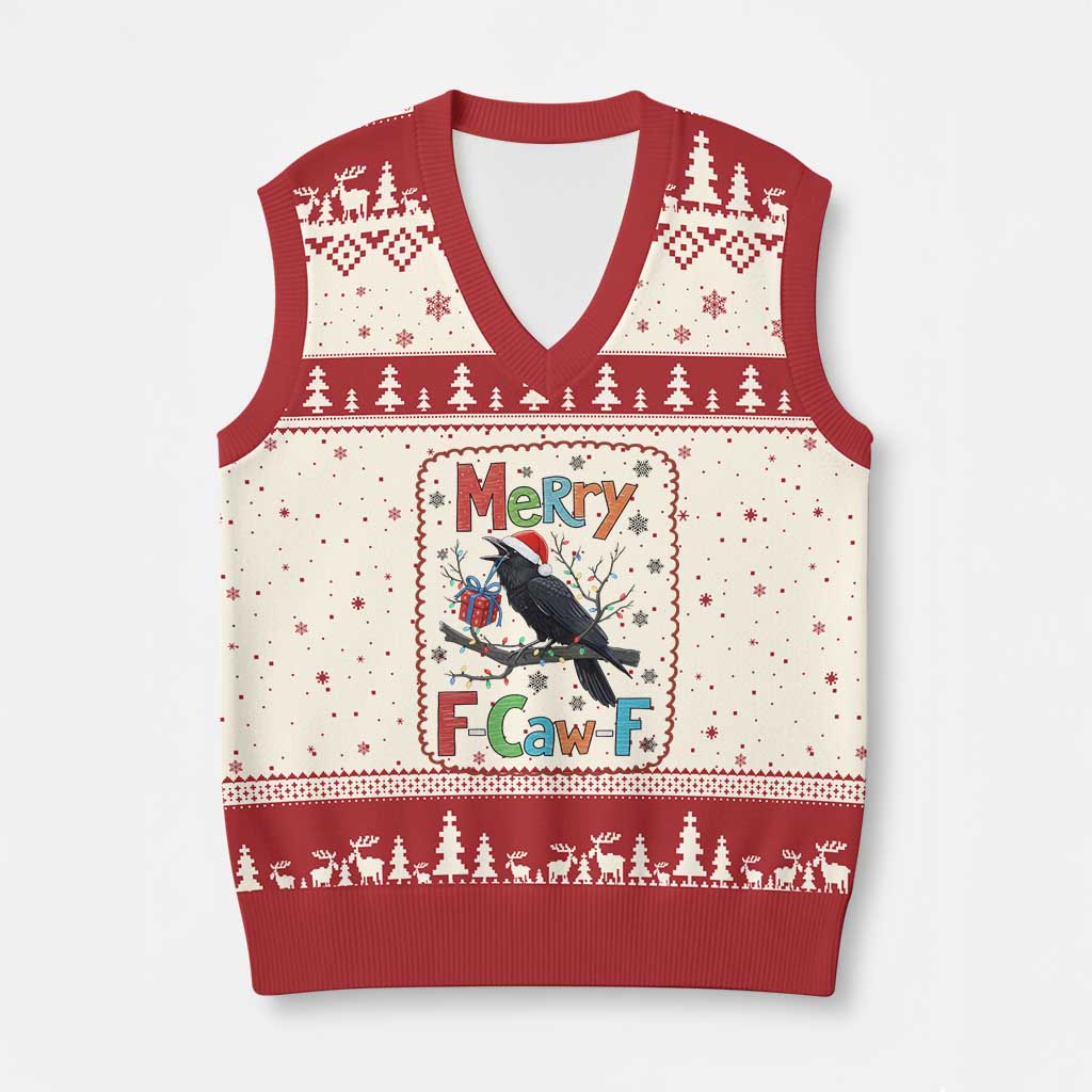 Funny Xmas Santa Raven V-Neck Knit Sweater Vest Merry F Caw F Joke Gift - Print Your Wear