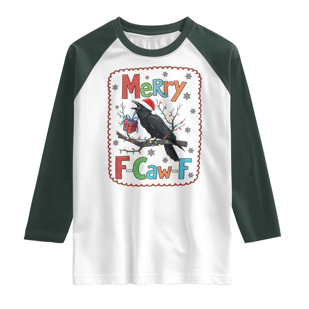 Funny Christmas Santa Raven Raglan Shirt Merry F Caw F Joke Gift TS12 White Dark Forest Green Print Your Wear