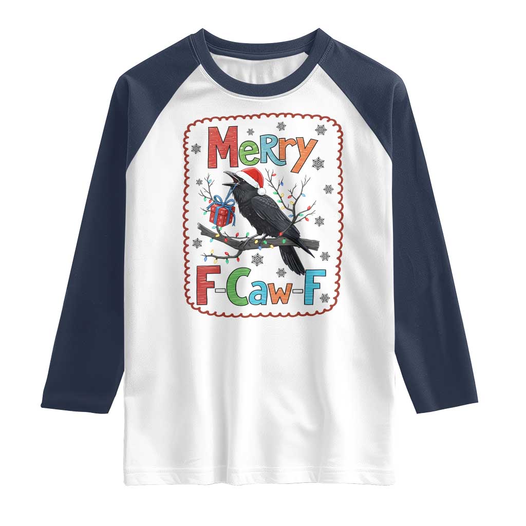 Funny Christmas Santa Raven Raglan Shirt Merry F Caw F Joke Gift TS12 White Navy Print Your Wear