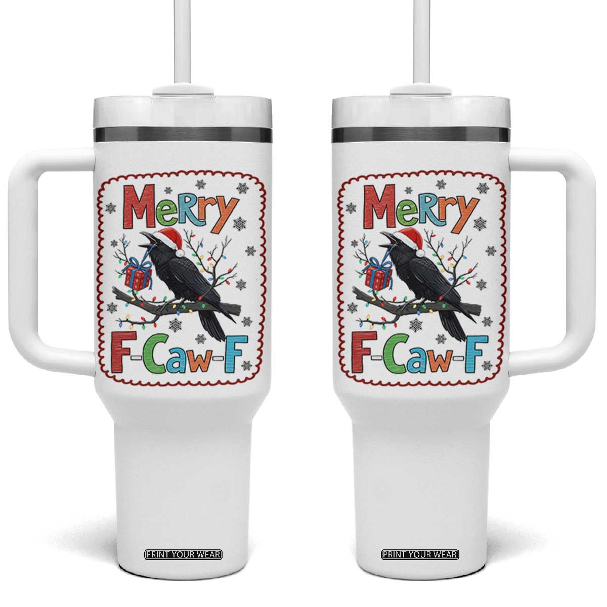 Funny Christmas Santa Raven Tumbler With Handle Merry F Caw F Joke Gift - Print Your Wear