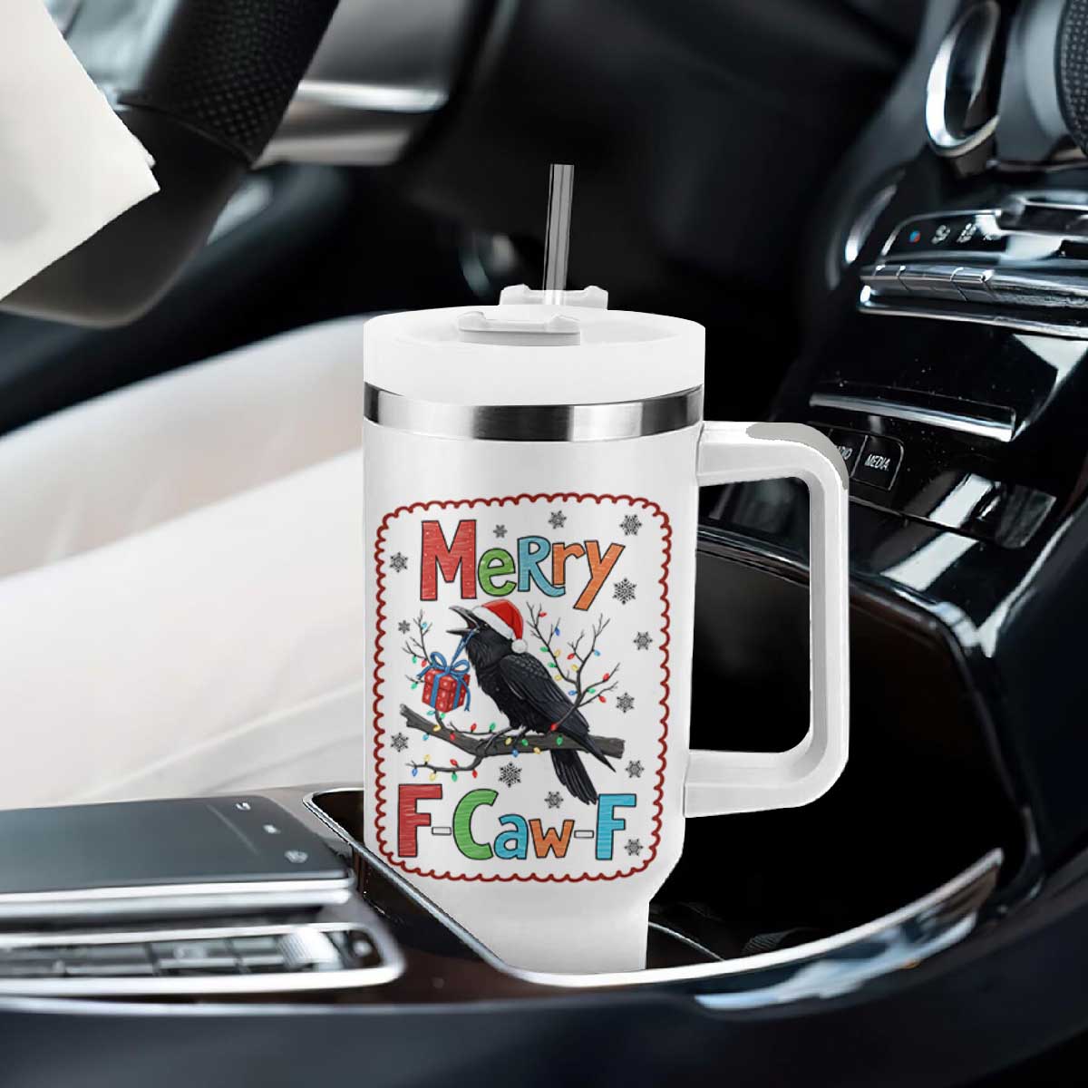 Funny Christmas Santa Raven Tumbler With Handle Merry F Caw F Joke Gift - Print Your Wear