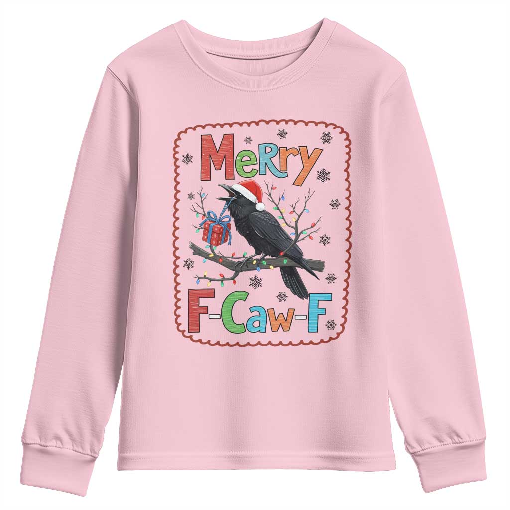 Funny Christmas Santa Raven Youth Sweatshirt Merry F Caw F Joke Gift TS12 Light Pink Print Your Wear