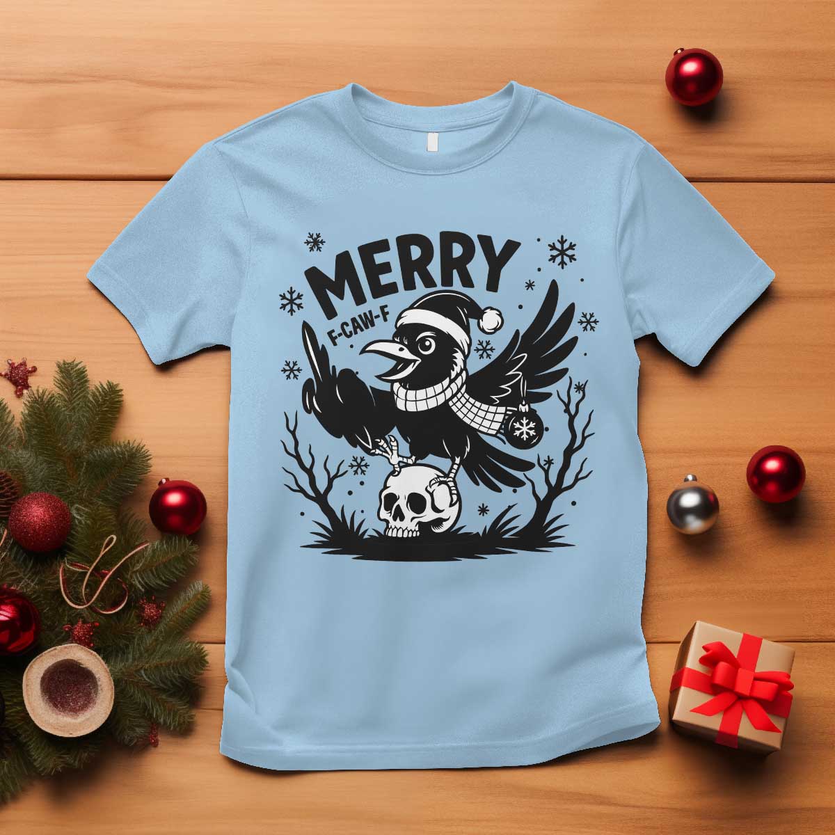 Merry F Caw F Christmas Raven T Shirt Funny Holiday Gift TS12 Light Blue Print Your Wear
