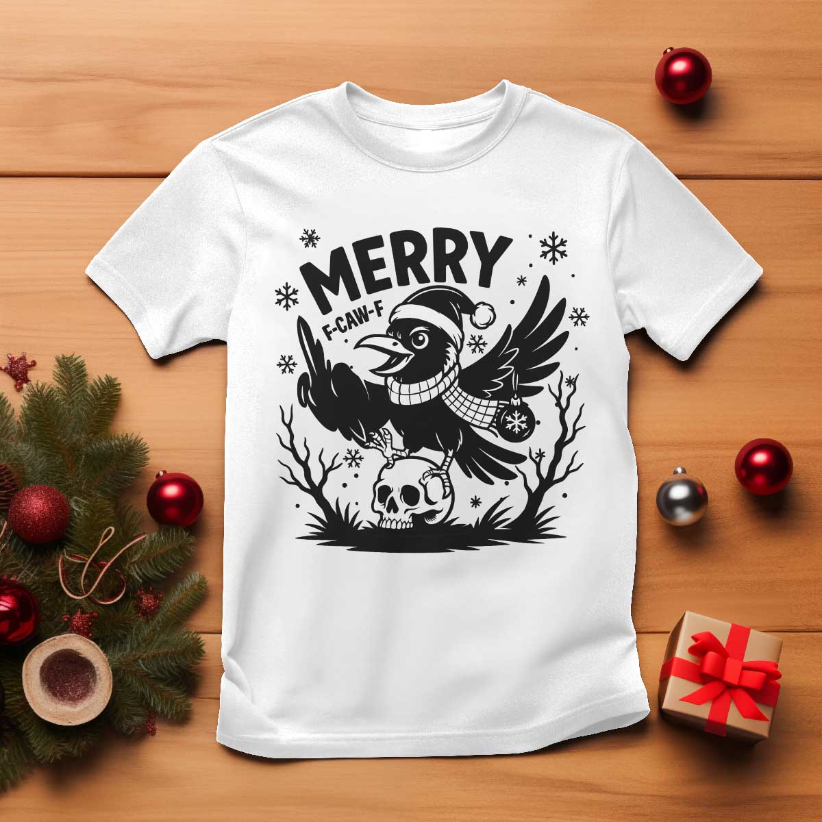 Merry F Caw F Christmas Raven T Shirt Funny Holiday Gift TS12 White Print Your Wear