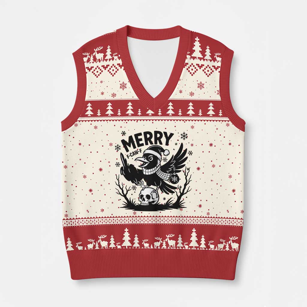 Merry F Caw F Xmas Raven V-Neck Knit Sweater Vest Funny Holiday Gift - Print Your Wear