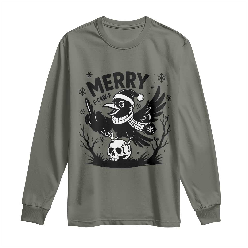 Merry F Caw F Christmas Raven Long Sleeve Shirt Funny Holiday Gift TS12 Military Green Print Your Wear