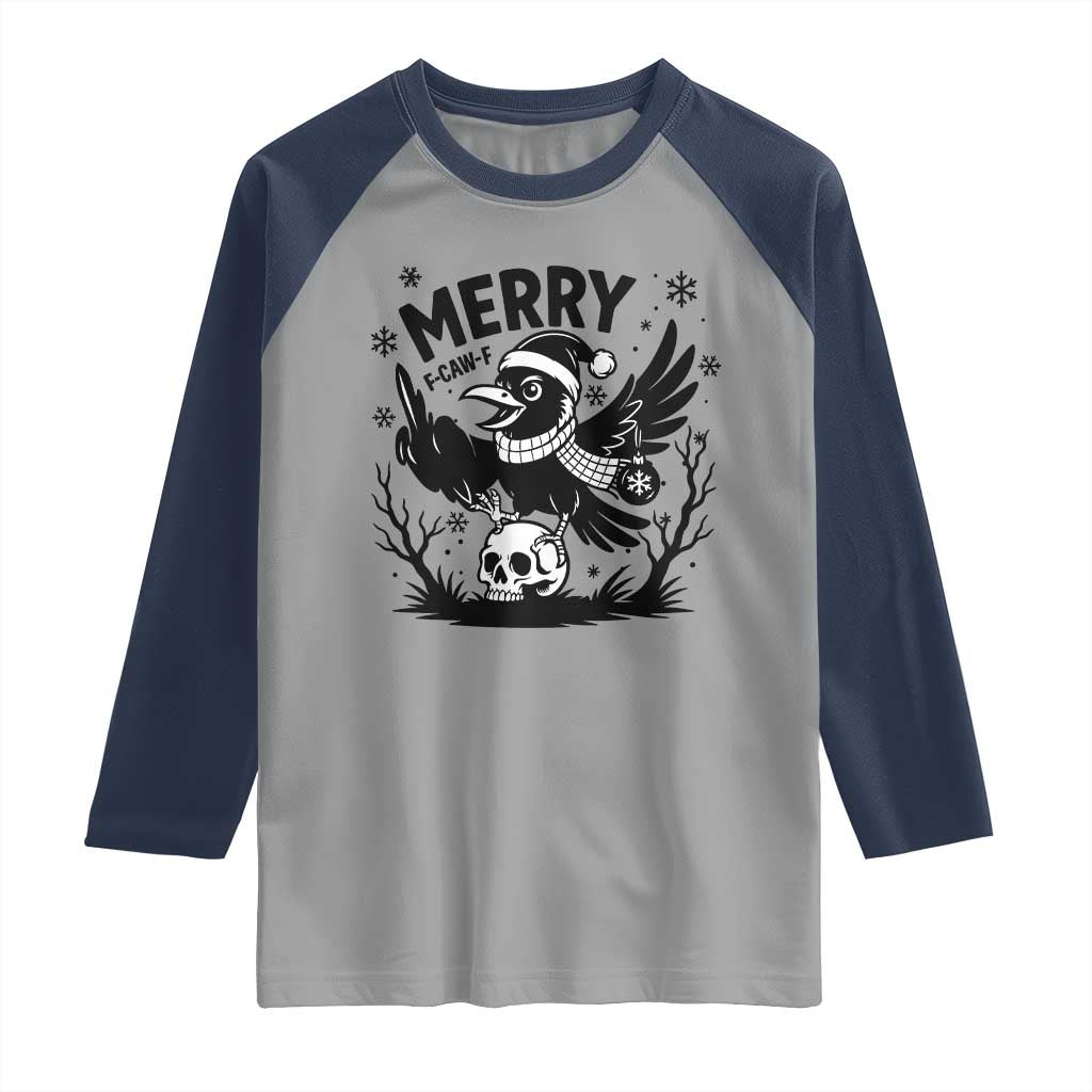Merry F Caw F Christmas Raven Raglan Shirt Funny Holiday Gift TS12 Sport Gray Navy Print Your Wear