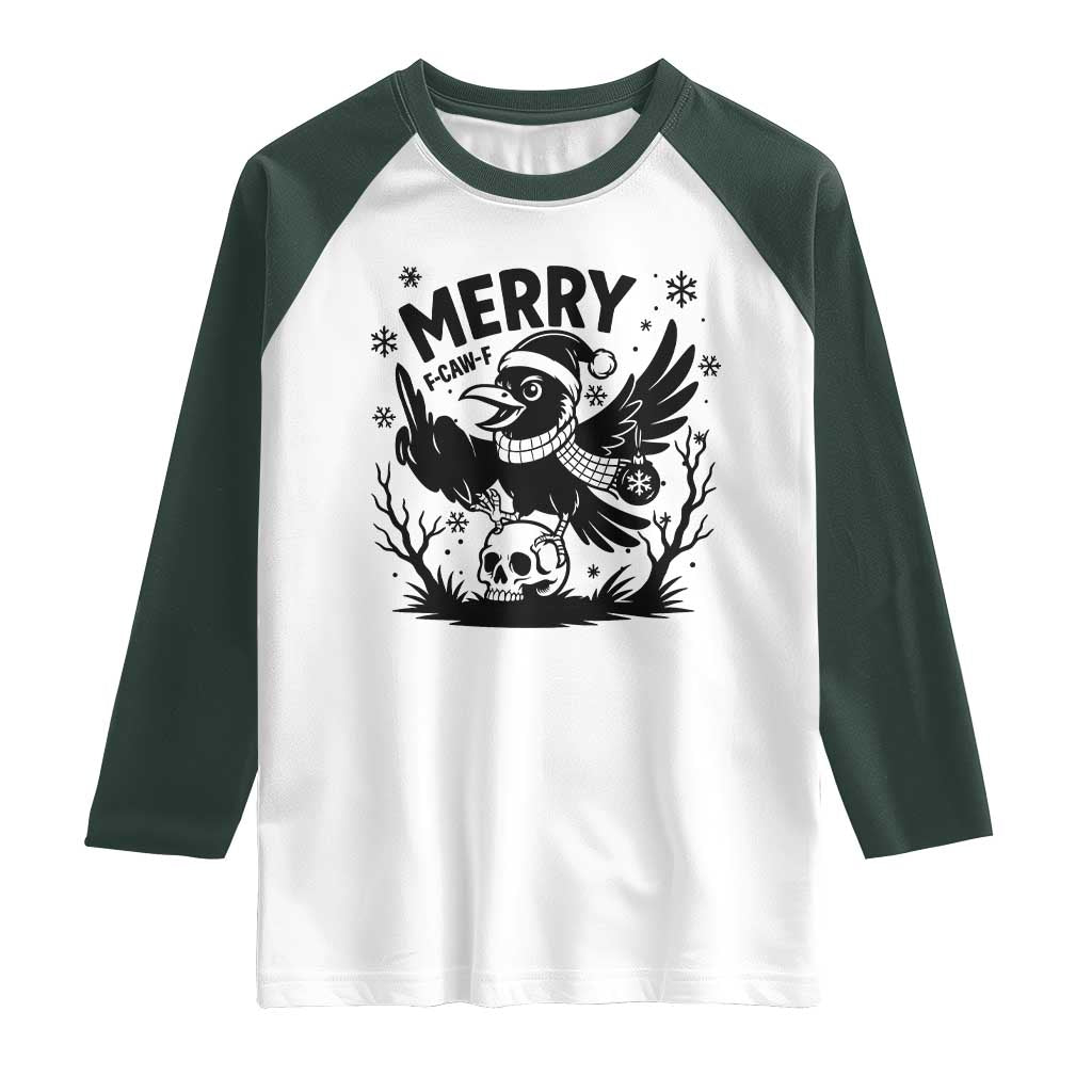 Merry F Caw F Christmas Raven Raglan Shirt Funny Holiday Gift TS12 White Dark Forest Green Print Your Wear