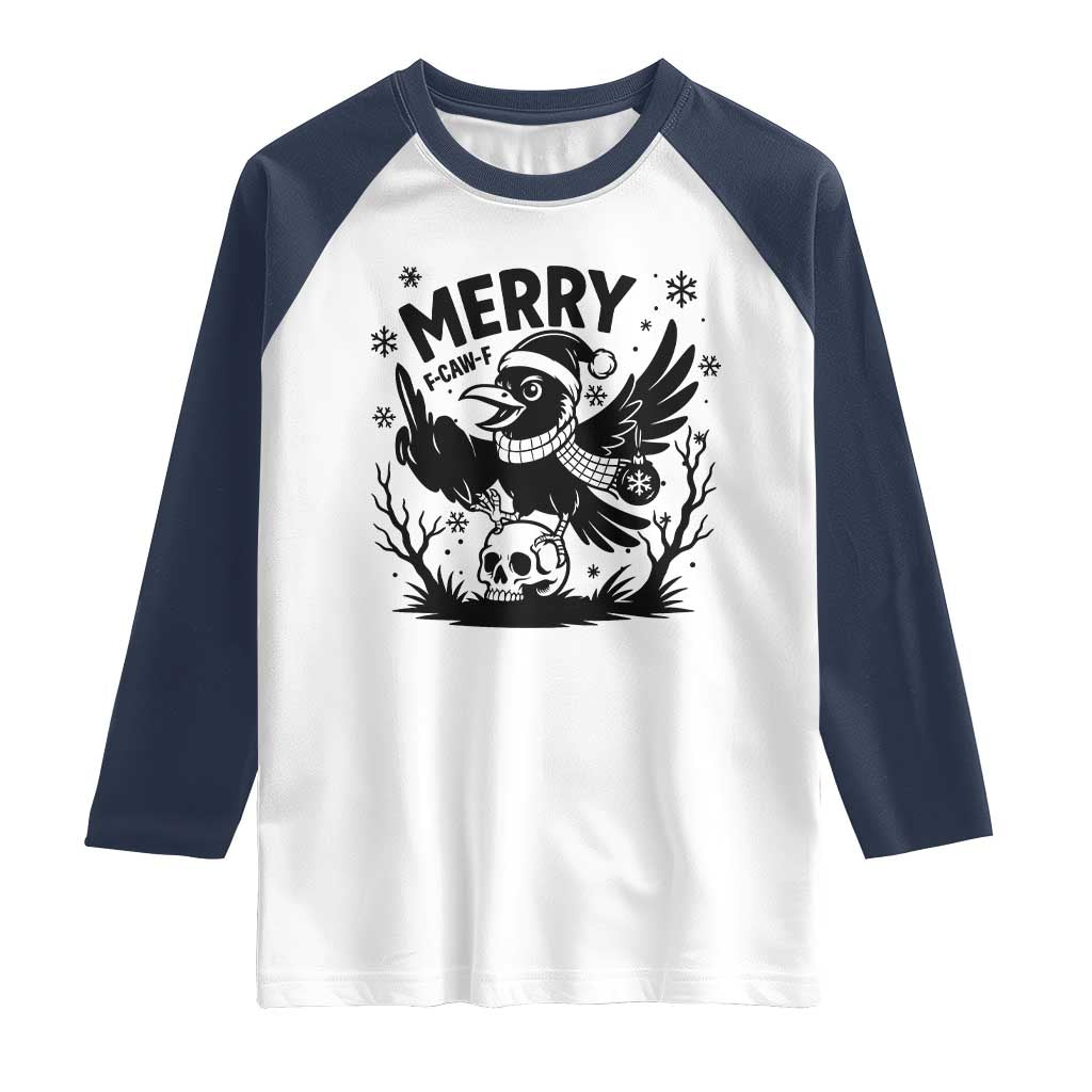Merry F Caw F Christmas Raven Raglan Shirt Funny Holiday Gift TS12 White Navy Print Your Wear