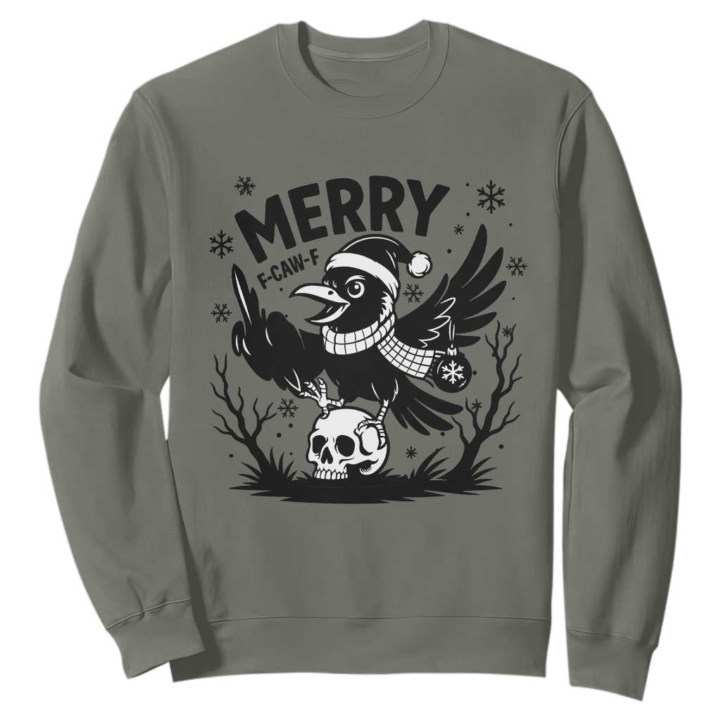 Merry F Caw F Christmas Raven Sweatshirt Funny Holiday Gift TS12 Military Green Print Your Wear