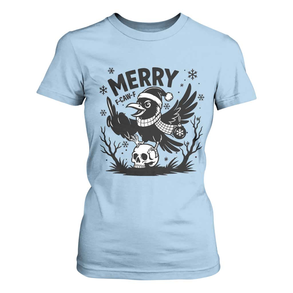 Merry F Caw F Christmas Raven T Shirt For Women Funny Holiday Gift TS12 Light Blue Print Your Wear