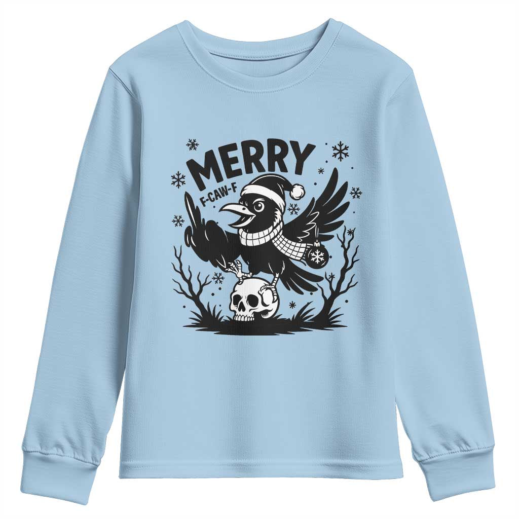 Merry F Caw F Christmas Raven Youth Sweatshirt Funny Holiday Gift TS12 Light Blue Print Your Wear