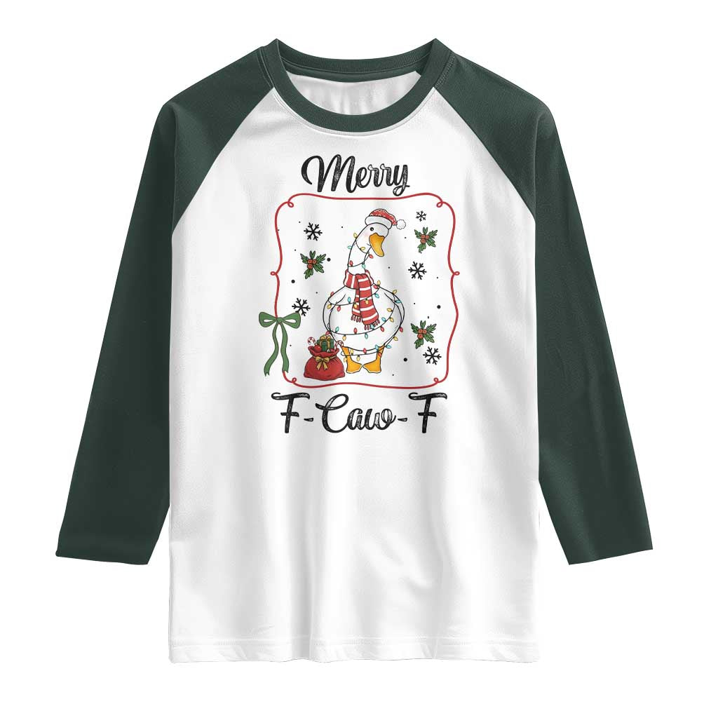 Merry F Caw F Duck Sarcastic Joke Gift Raglan Shirt Funny Christmas Gift TS12 White Dark Forest Green Print Your Wear