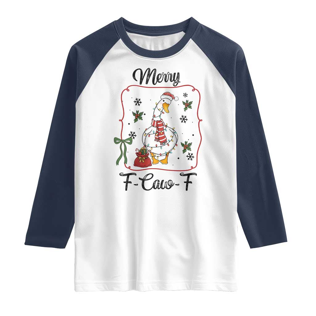 Merry F Caw F Duck Sarcastic Joke Gift Raglan Shirt Funny Christmas Gift TS12 White Navy Print Your Wear