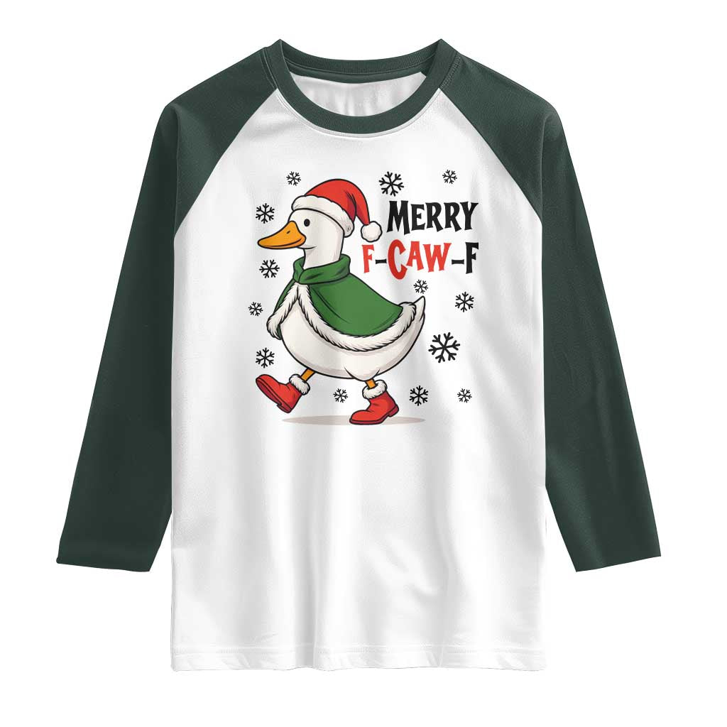 Merry F Caw F Duck Lover Raglan Shirt Funny Christmas Gift TS12 White Dark Forest Green Print Your Wear