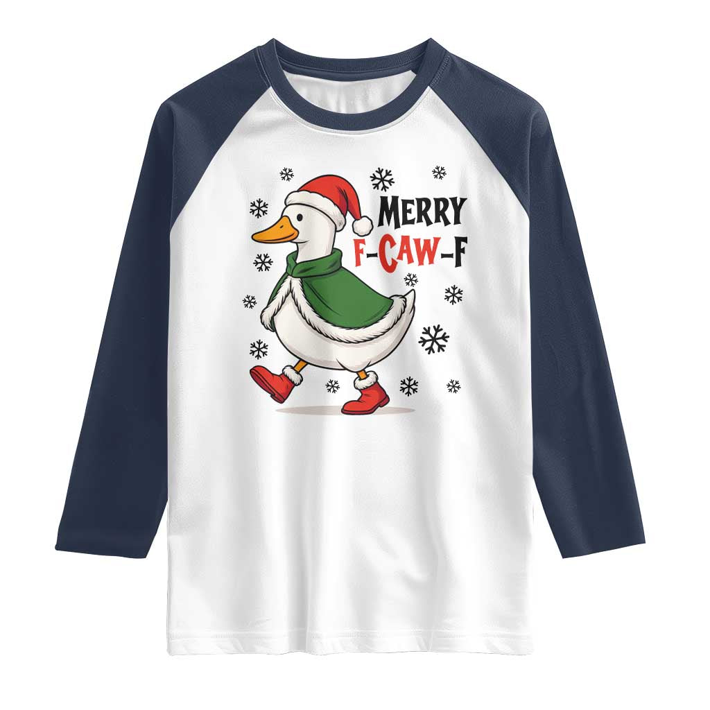 Merry F Caw F Duck Lover Raglan Shirt Funny Christmas Gift TS12 White Navy Print Your Wear