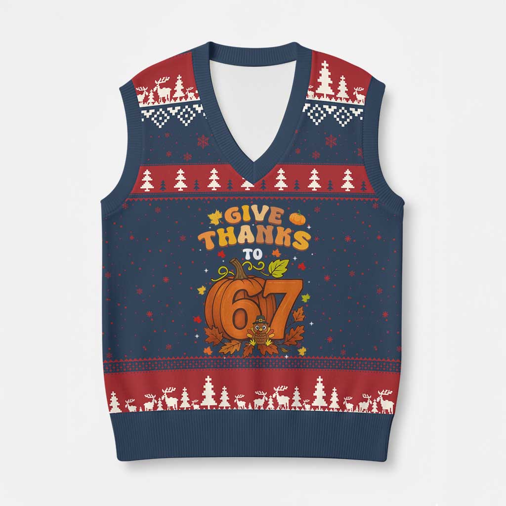 Thanksgiving Give Thanks To 67 V-Neck Knit Sweater Vest Funny Brainrot Meme Gift TS12 Navy Red Print Your Wear