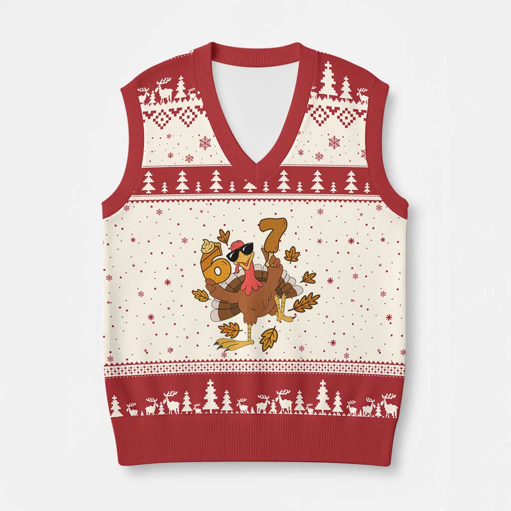 Trending Six Seven Meme Turkey V-Neck Knit Sweater Vest Funny Thanksgiving Gift TS12 Beige Red Print Your Wear