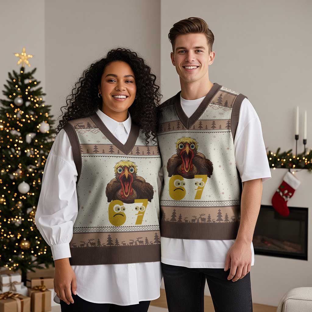 Six Seven Meme Turkey V-Neck Knit Sweater Vest Trending Gen Alpha Thanksgiving Gift TS12 Mocha Mousse Print Your Wear